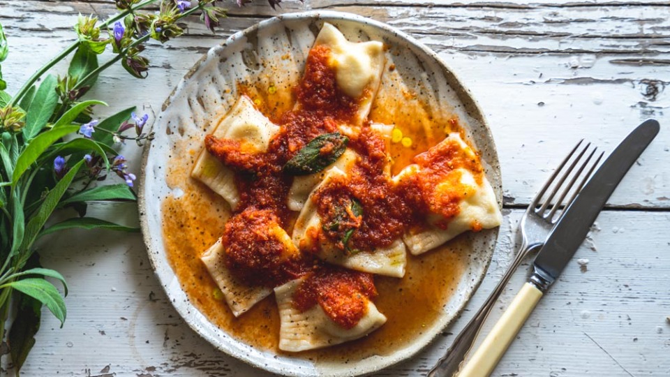 Ravioli with Almond Curd and Tomato Passata - Product — Instance — Interactive video experience