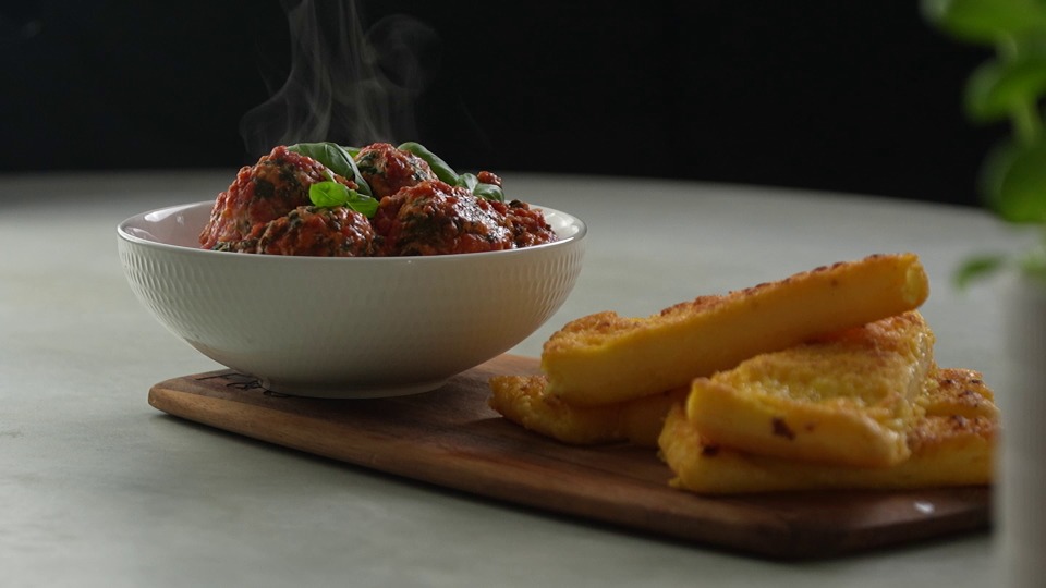 Ricotta and Spinach Gnudi with Grilled Polenta - product — Instance — Interactive video experience