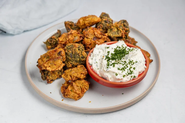 Chive Dip with Onion Bhaji and Spinach Pakoras — Interactive video experience