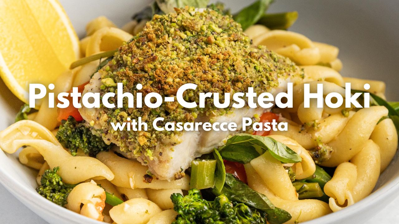 Pistachio-Crusted Hoki with Casarecce Pasta — Interactive video experience