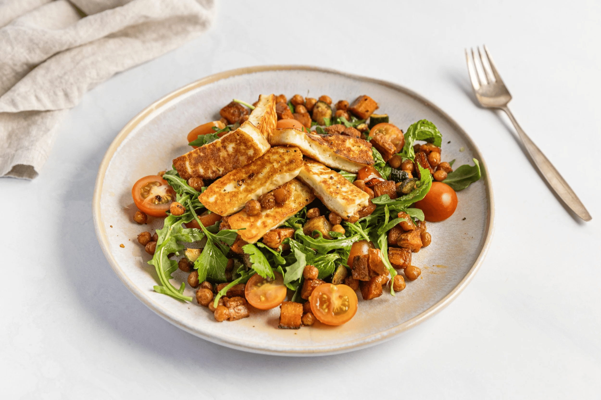 Haloumi Salad with Spiced Crunchy Chickpeas & Roast Veg — Interactive video experience